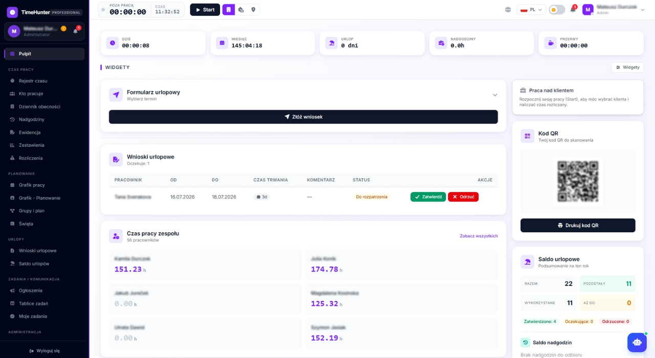 System ewidencji czasu pracy online — panel główny TimeHunter z listą obecności i statystykami